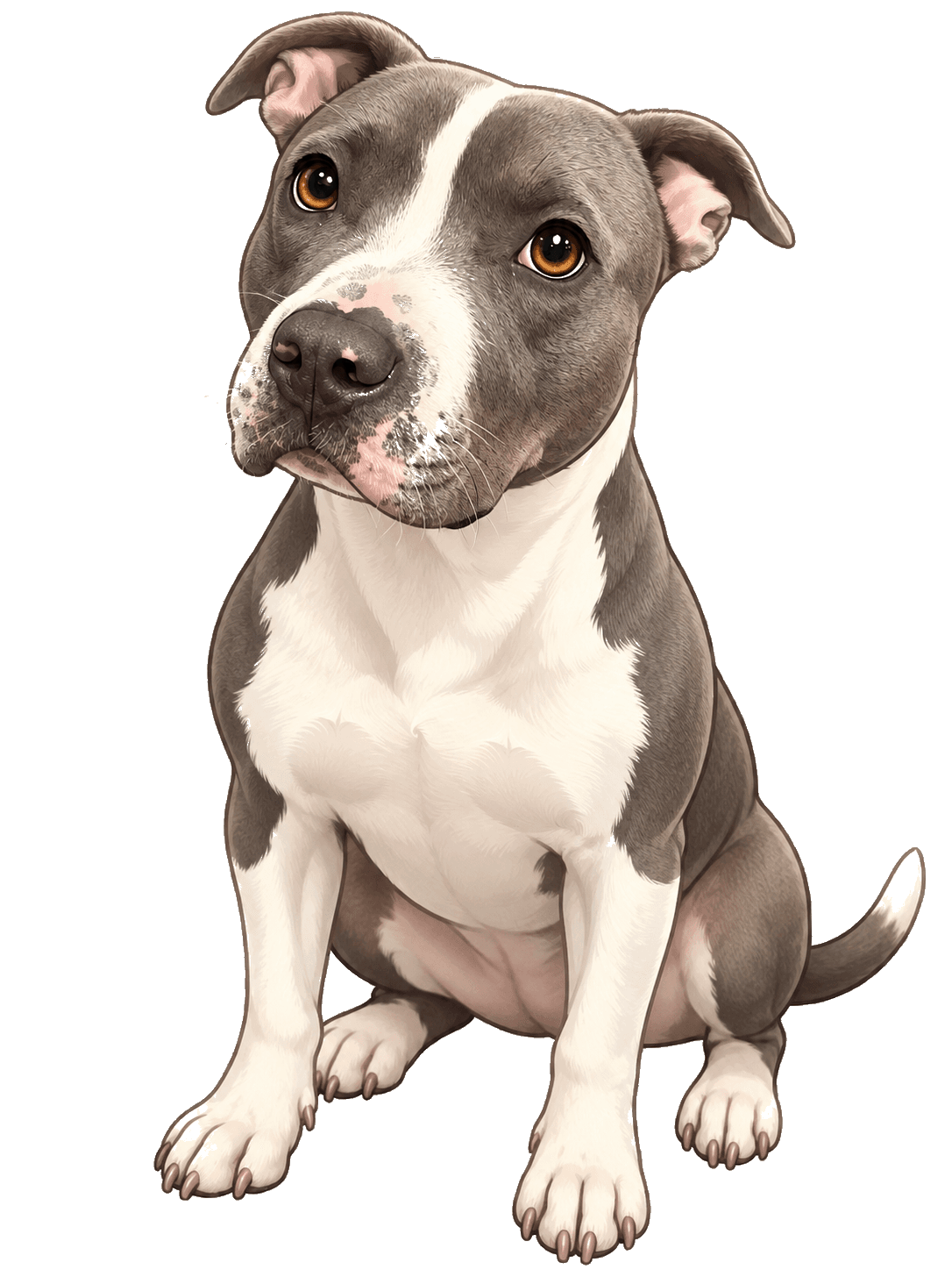 Maizie, a gray-and-white cartoon pit bull.